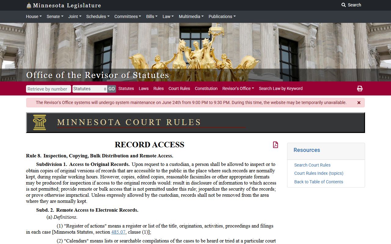 Mahnomen County court dockets Minnesota Rule 8 remote access source