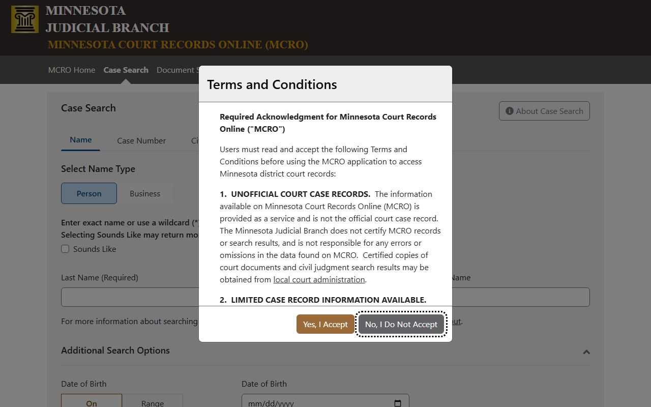 Mahnomen County court records MCRO Case Search interface