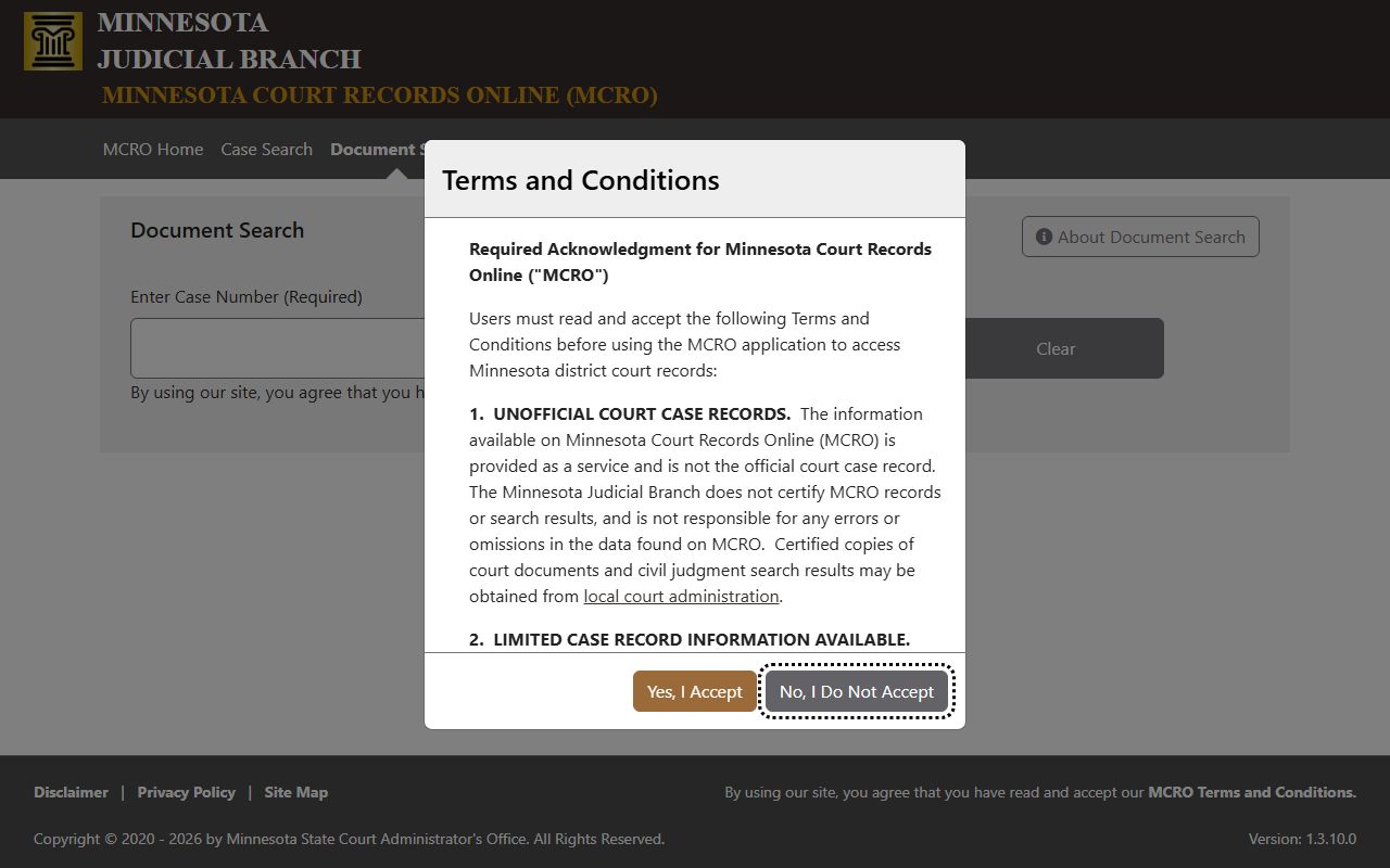 Mahnomen County court records MCRO Document Search interface