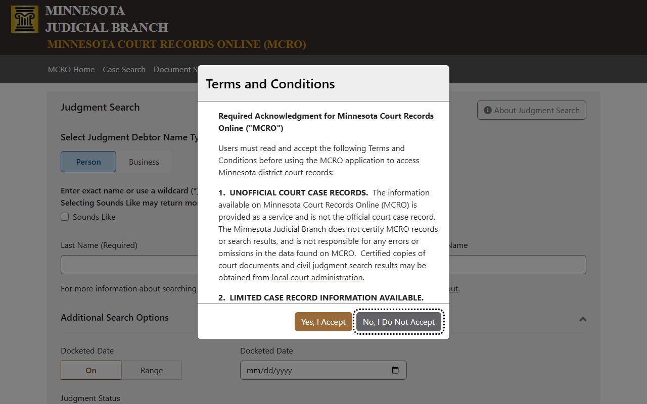 Mahnomen County court records MCRO Judgment Search interface