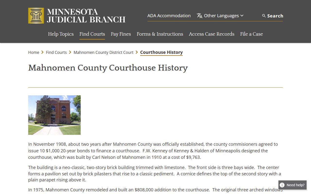 Mahnomen County court records courthouse history