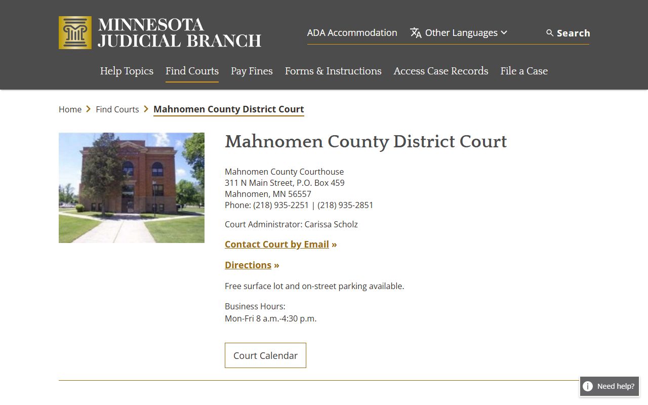Mahnomen County courthouse court records page