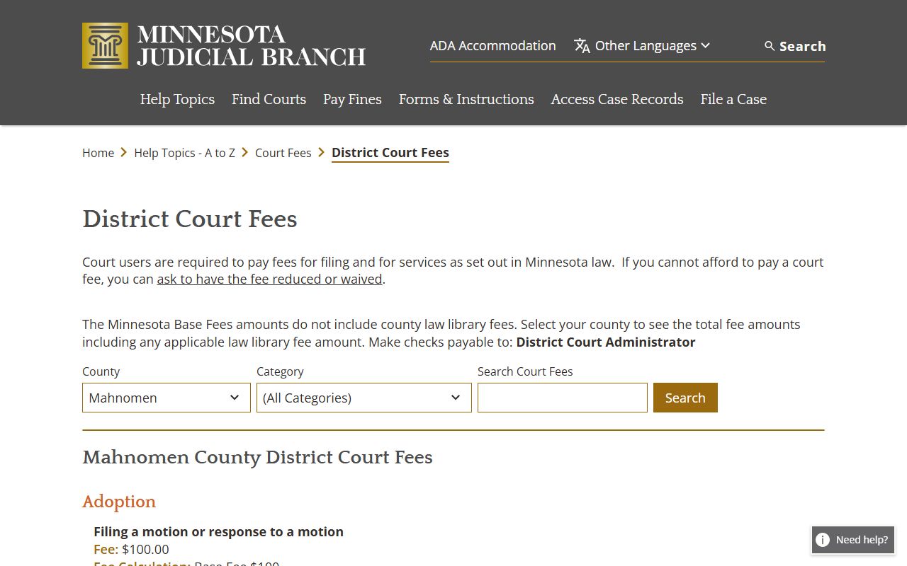 Mahnomen County traffic court records District Court fee schedule